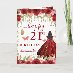Red Dress Dark Skin Princess Birthday Card
