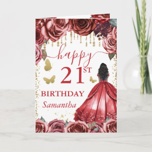 Red Dress Dark Skin Princess Birthday Card