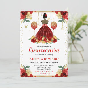 Red Dress Dark Skin Princess Quinceanera Invitation