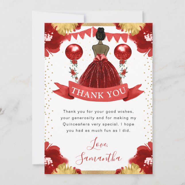 Red Dress Dark Skin Princess Quinceanera Thank You Card (Front)