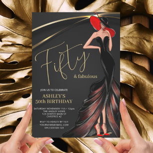 Red Dress Fabulous Black Gold 50th  Invitation