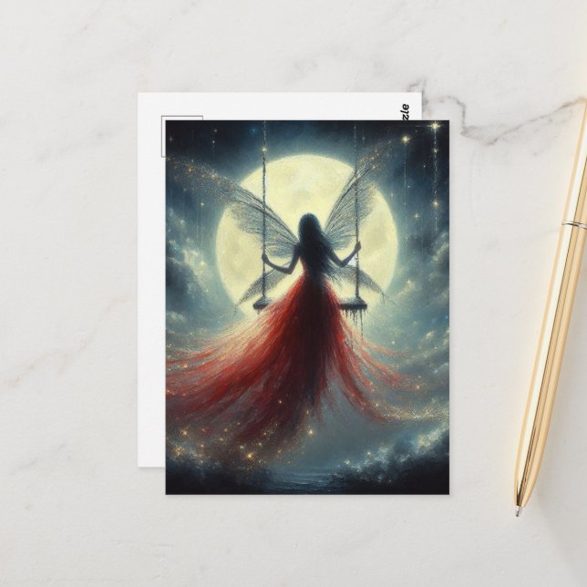 Red Dress Fairy on a Swing Full Moon Night Postcard (Front/Back In Situ)