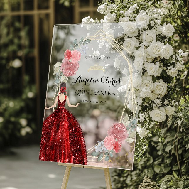 Red Dress Floral Geometric Quinceañera Birthday Acrylic Sign (Creator Uploaded)