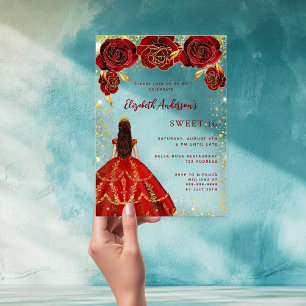 Red dress florals roses clear Sweet 16 Acrylic Invitations