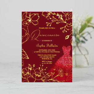 Red Dress Gold Floral Leaves Sweet 16