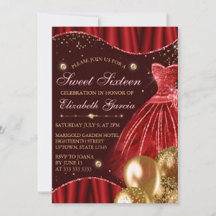 Red Dress & Gold Glitter Balloons Sweet 16 Invitation