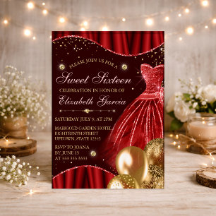 Red Dress & Gold Glitter Balloons Sweet 16 Invitation