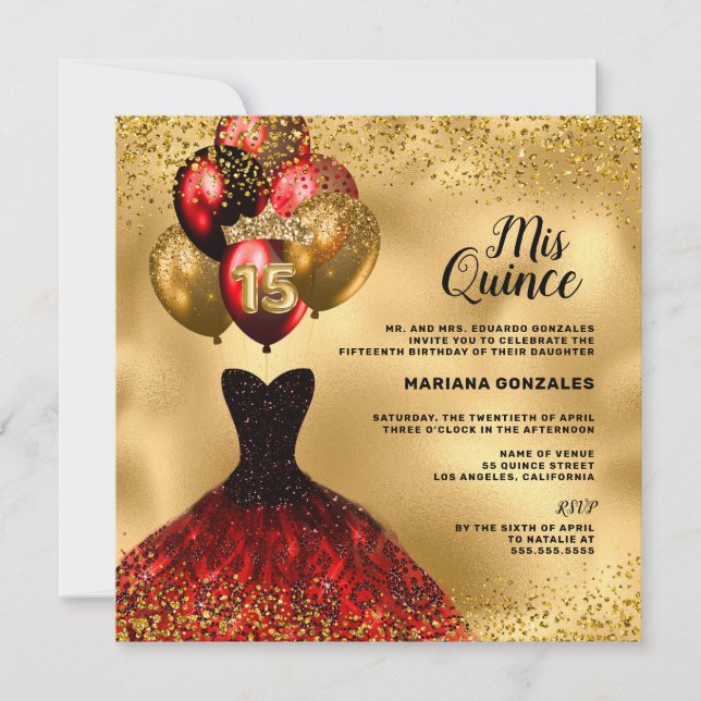 Red Dress Gold Glitter Crown Mis Quinceañera Invitation (Front)