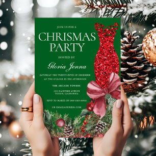 Red Dress Green Festive Christmas Party Invitation