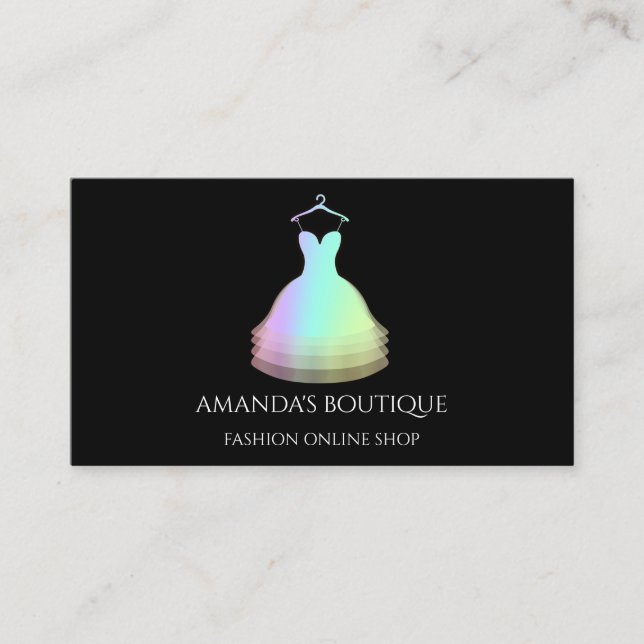 Red Dress Logo Fashion Boutique Holographic Shop Business Card (Front)