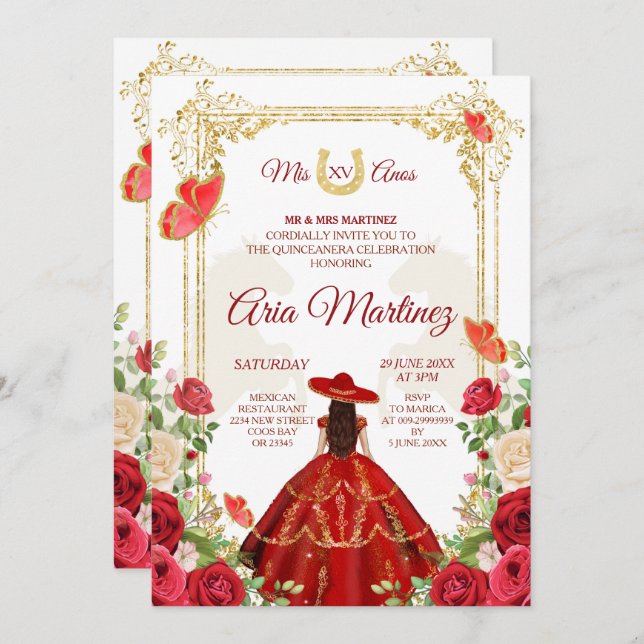 Red Dress Mexican Girl Quinceanera Invitation (Front/Back)