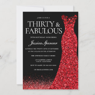 Red Dress Red Glitter Gown 30th Birthday Party Invitation