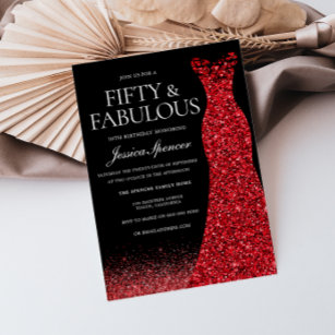 Red Dress Red Glitter Gown 50th Birthday Party Invitation