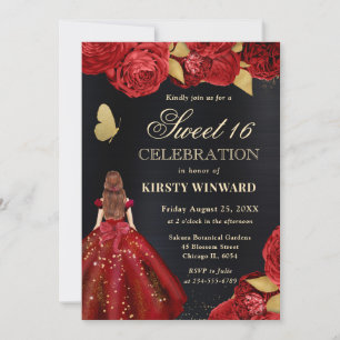 Red Dress Red Haired Woman Flowers Sweet 16 Invitation