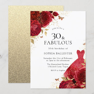 Red Dress & Roses Gold Glitter 30th Birthday Invitation