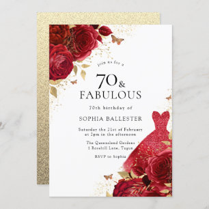 Red Dress & Roses Gold Glitter 70th Birthday Invitation