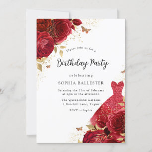 Red Dress & Roses Gold Glitter Birthday Party Invitation