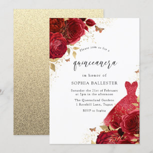 Red Dress & Roses Gold Glitter Quinceanera Party Invitation