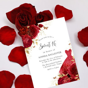 Red Dress & Roses Gold Glitter sweet 16 Invitation