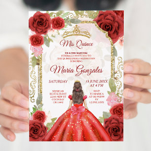 Red Dress & Roses Mexican Quinceanera Invitation