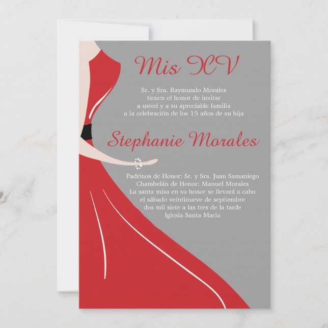 Red Dress Silhouette Quinceanera Invitation (Front)