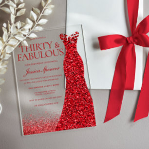 Red Dress Thirty & Fabulous 30th Birthday Party Acrylic Invitations