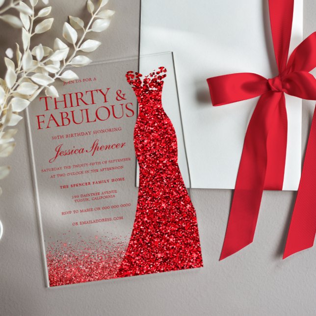 Red Dress Thirty & Fabulous 30th Birthday Party Acrylic Invitations (Creator Uploaded)
