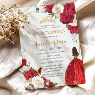 Red Dress White Roses Floral Girl Gold Quinceañera Invitation