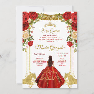 Red Dresses Mexican Flowers Quinceañera Invitation