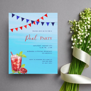 Red drink blue water budget pool party invitation
