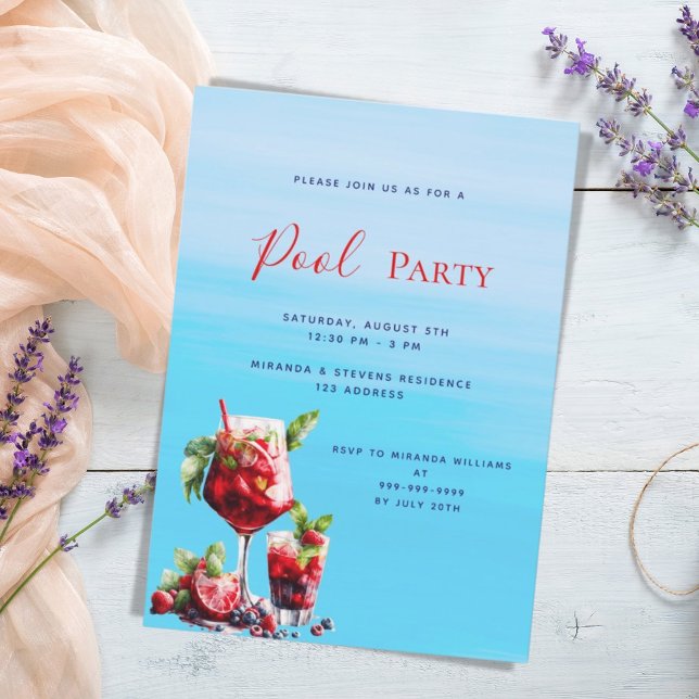 Red drinks blue water Pool Party Invitation (Creator Uploaded)