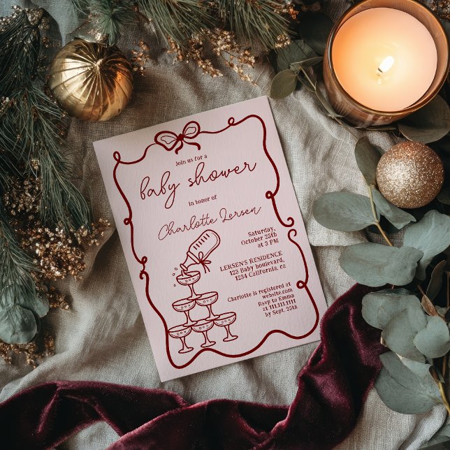 Red Drinks Tower Coquette Bow Baby Shower Invitation (Red Drinks Tower Coquette Bow Baby Shower Invitation)