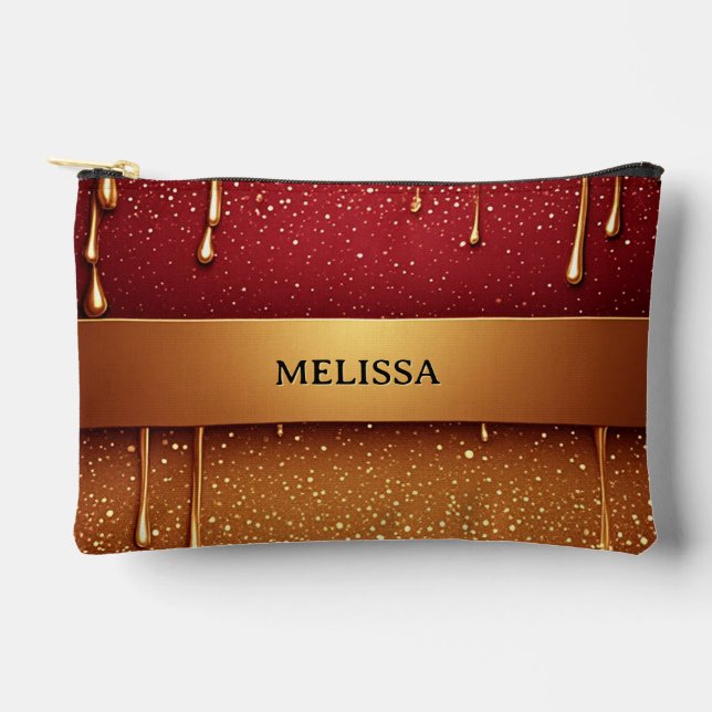 Red Dripping Paint Over Gold Glitter Background Accessory Pouch (Front)