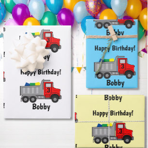 Red Dump Truck Birthday Boy's Name & Age Gift Wrapping Paper Sheet