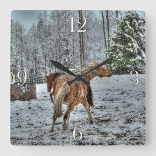 Red Dun & Palomino Winter Horses in Snow photo Square Wall Clock