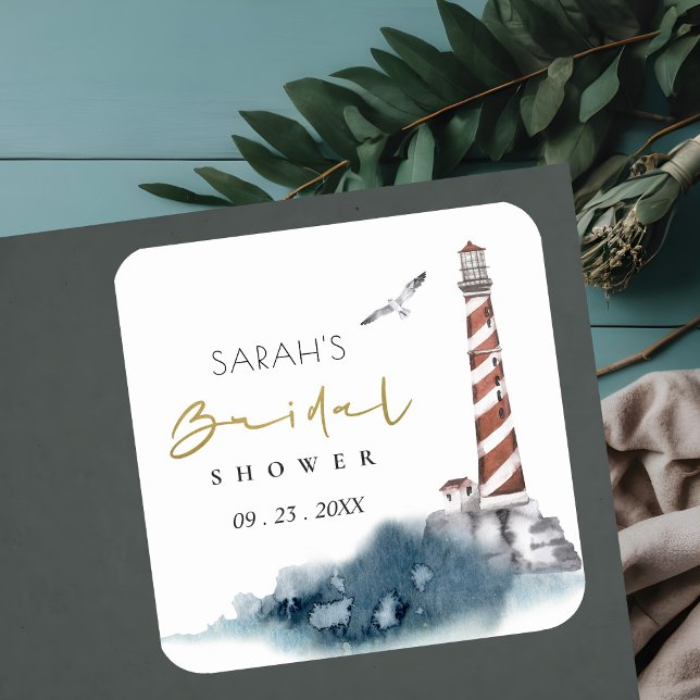 RED DUSKY BLUE LIGHTHOUSE SEA BRIDAL SHOWER SQUARE STICKER (Creator Uploaded)