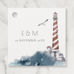 RED DUSKY BLUE LIGHTHOUSE SEA MONOGRAM WEDDING  FAVOUR TAGS