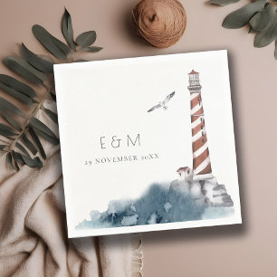 RED DUSKY BLUE LIGHTHOUSE SEA MONOGRAM WEDDING  NAPKIN