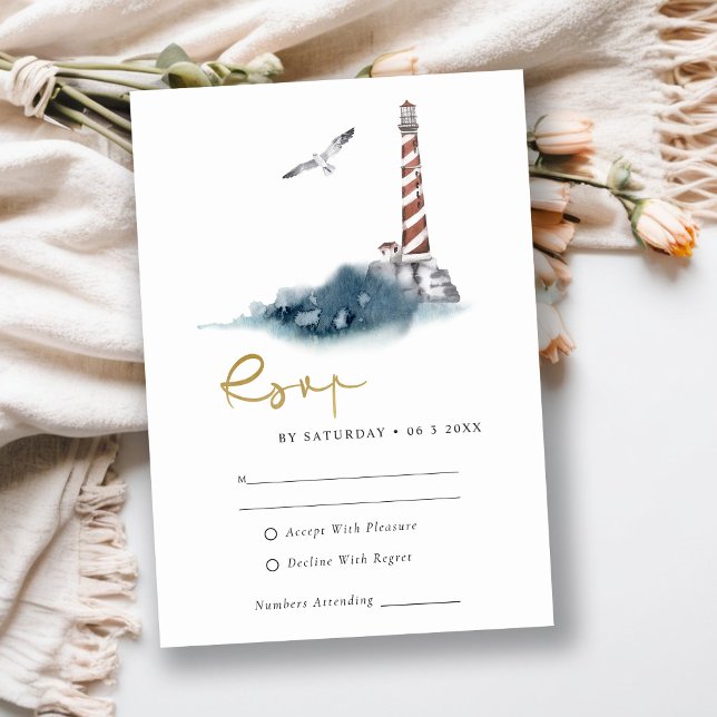 RED DUSKY BLUE LIGHTHOUSE SEA WAVES WEDDING RSVP ENCLOSURE CARD (Creator Uploaded)