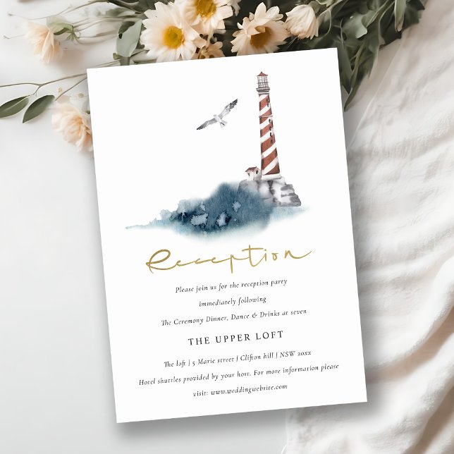 RED DUSKY BLUE LIGHTHOUSE SEA WEDDING RECEPTION ENCLOSURE CARD (Creator Uploaded)