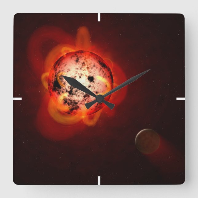 Red Dwarf Star Orbited By A Hypothetical Exoplanet Square Wall Clock (Front)