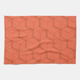 Red, dynamic, retro, cool trendy cube line pattern tea towel