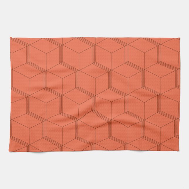 Red, dynamic, retro, cool trendy cube line pattern tea towel (Horizontal)