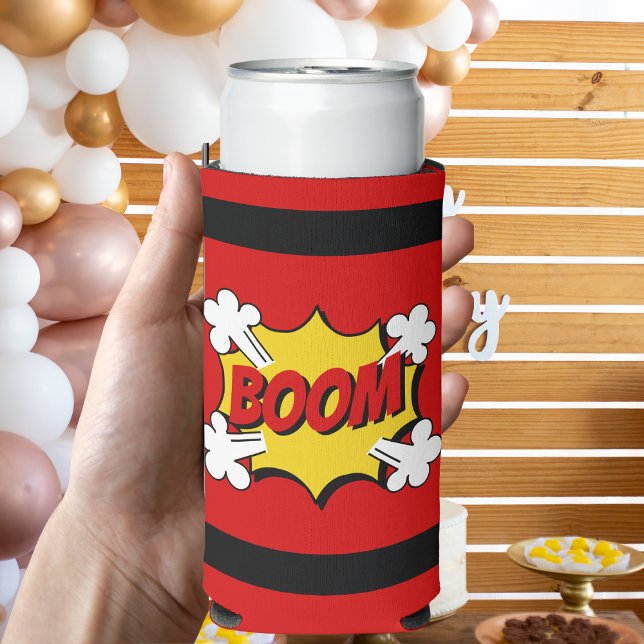 Red Dynamite Superhero Comic Book Style Birthday  Seltzer Can Cooler (Creator Uploaded)
