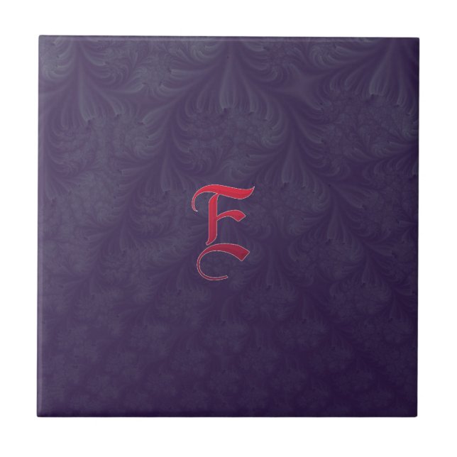 Red ‘E’ on purple embossed effect 3D fractal. Ceramic Tile (Front)