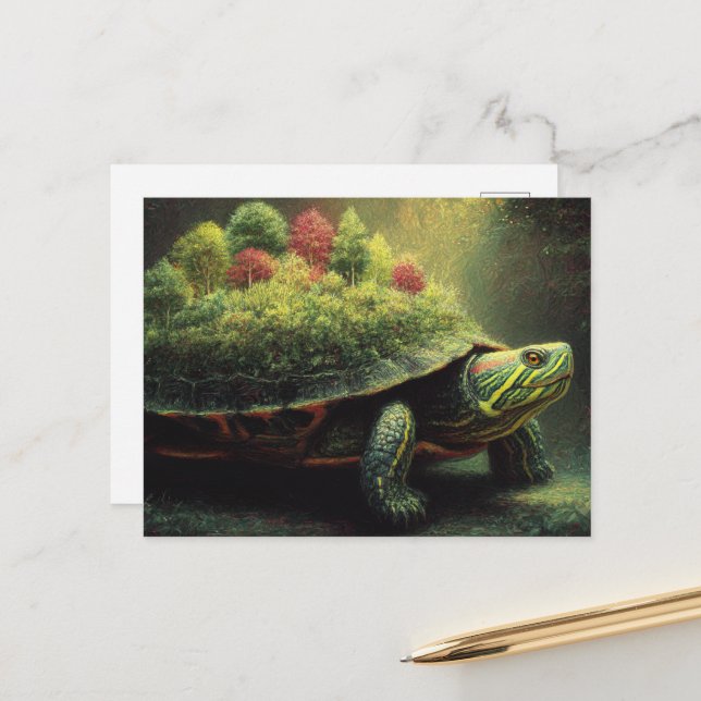 Red Ear Slider Turtle With a Forest on Shell Postcard (Front/Back In Situ)