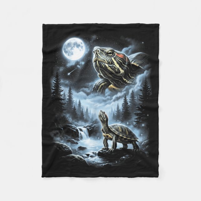 Red Eared Slider Turtle Howling At Moon 90s Retro Fleece Blanket (Front)