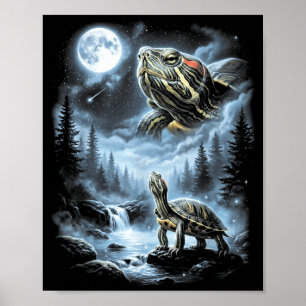 Red Eared Slider Turtle Howling At Moon 90s Retro Poster