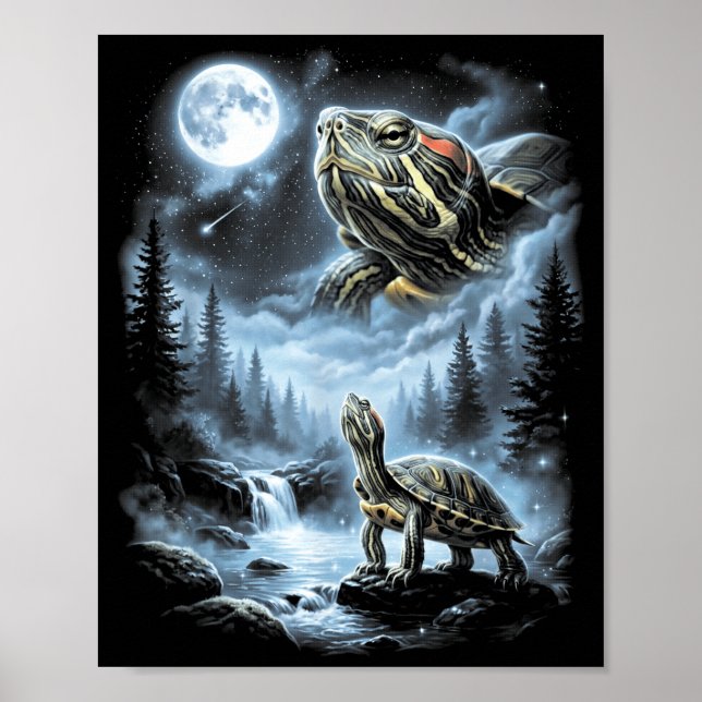 Red Eared Slider Turtle Howling At Moon 90s Retro Poster (Front)