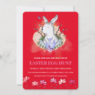  Red Easter Bunny, Floral  Brunch Egg Hunt  Invitation